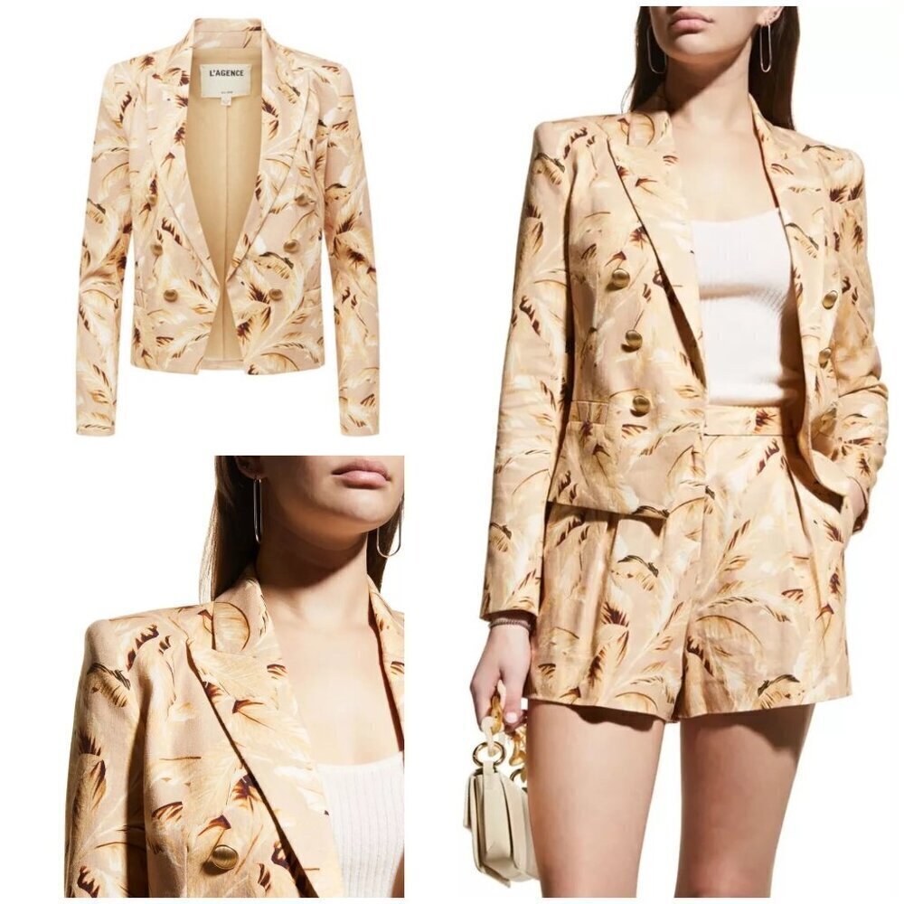 L'agence Brooke Double Breasted Crop Blazer Honey Multi Tonal Palm Leaf 6 Nwt